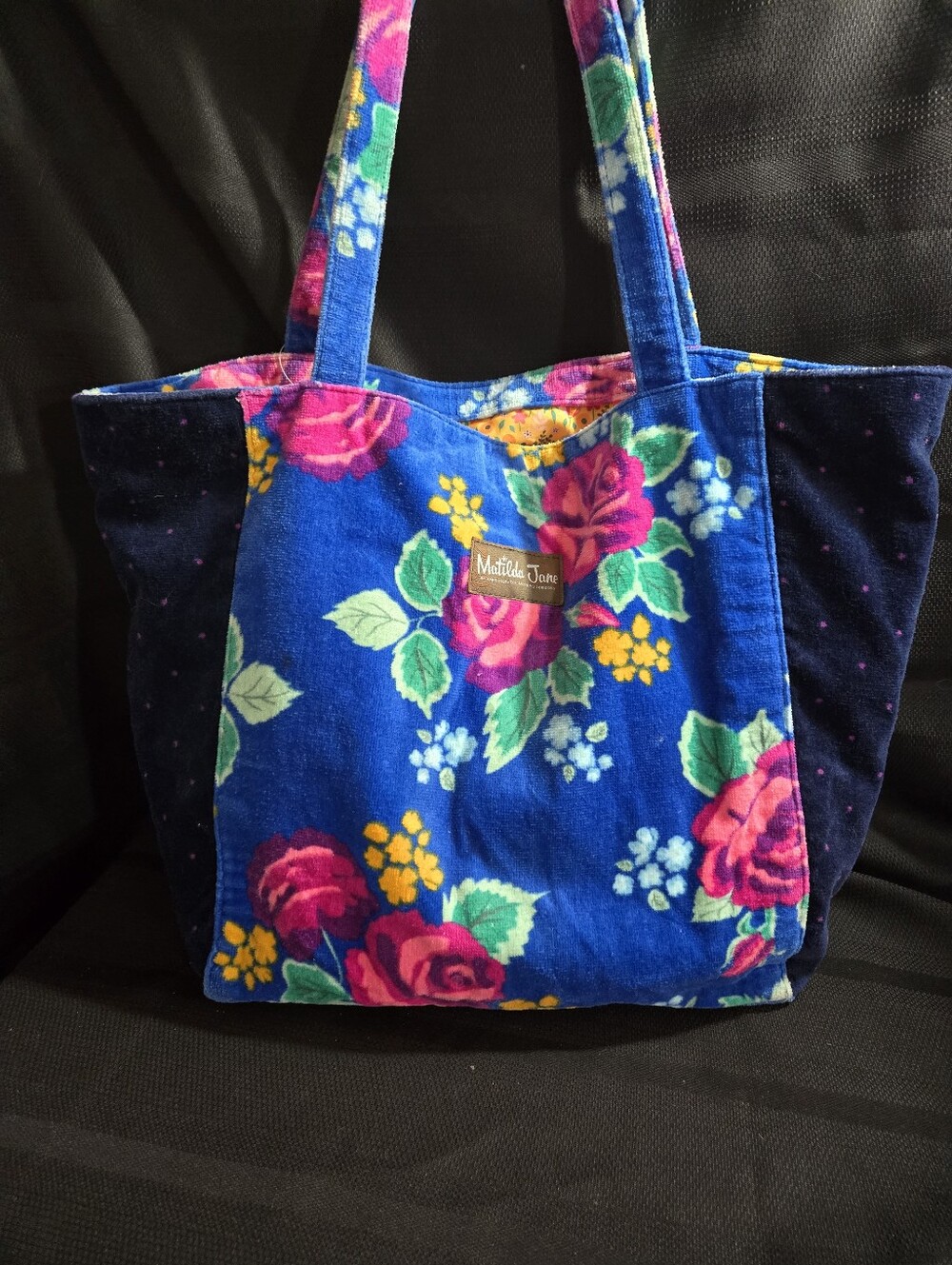 Matilda Jane Royal Blue Floral Tote with Pink Roses EUC
